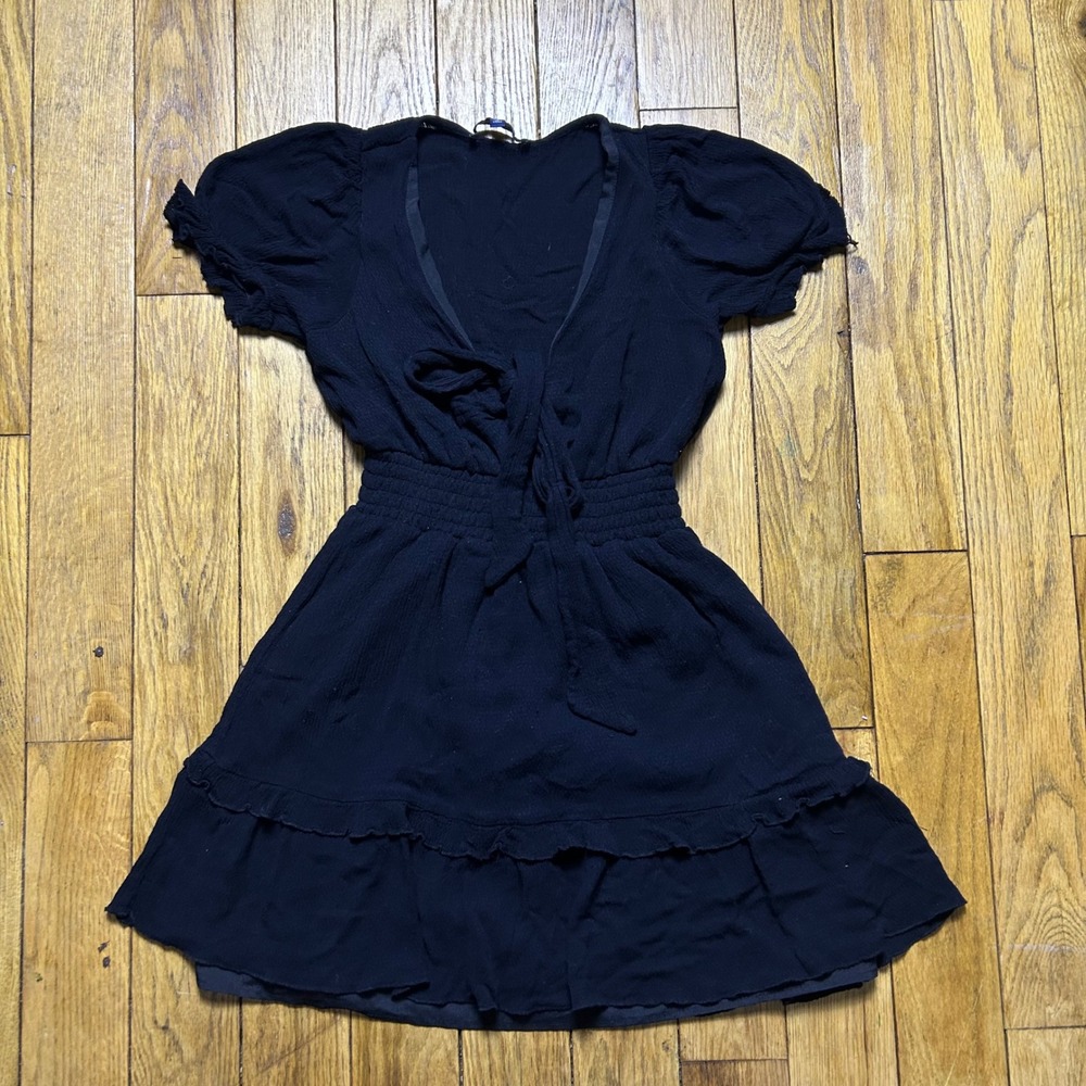 One Clothing Los Angeles Black Mini Dress V-Neck Tie Front Smocked Waist Small